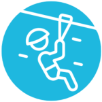 Blue vector logo with white graphic of a person attached to a system going down a zipline
