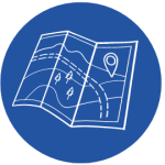 Blue vector graphic with a drawing of a map and pin point all in white