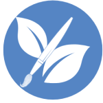 Blue vector graphic with a paint brush drawing in front of an drawing graphic or leaves