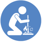 Blue vector graphic with a white graphic of a person bent on knees making a fire with sticks