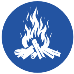 Blue vector graphic logo with white graphic of a fire with logs