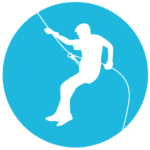 Blue vector graphic logo with man attached to rope in white colour