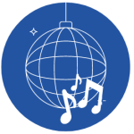 Blue vector graphic with white graphic of a disco ball hanging and music symbols