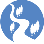 Blue vector graphic of a white pathway and trees alon pathway white graphics