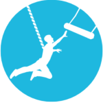 Blue vector graphic of a graphic white person attached to a rope leaping for a handle