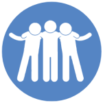 Blue vector logo with white graphic of a group of three people with hands around each shoulders