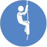 Blue vector logo with white graphic of a person hanging on a rope swing