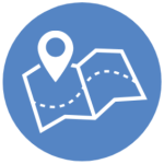 Blue vector graphic with a drawing of a map and pin point all in white