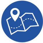 Blue vector graphic with a drawing of a map and pin point all in white