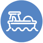 Blue vector logo with white graphic of a pedalo on water