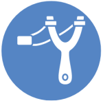 Blue vector logo with white graphic of small hand-held catapult being pulled back