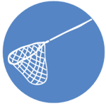 Blue vector logo with white graphic of A fishing net