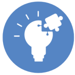 Blue vector logo with white graphic of a light bulb with puzzle peice coming out of it