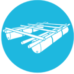 Blue vector logo with white graphic of a a raft built from barrels and wooden pieces