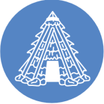 Blue vector logo with white graphic of a a wooden shelter built from pieces of wood, leaves and rocks