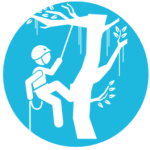 Blue vector logo with white graphic of a person hanging attached to a rope in a tree