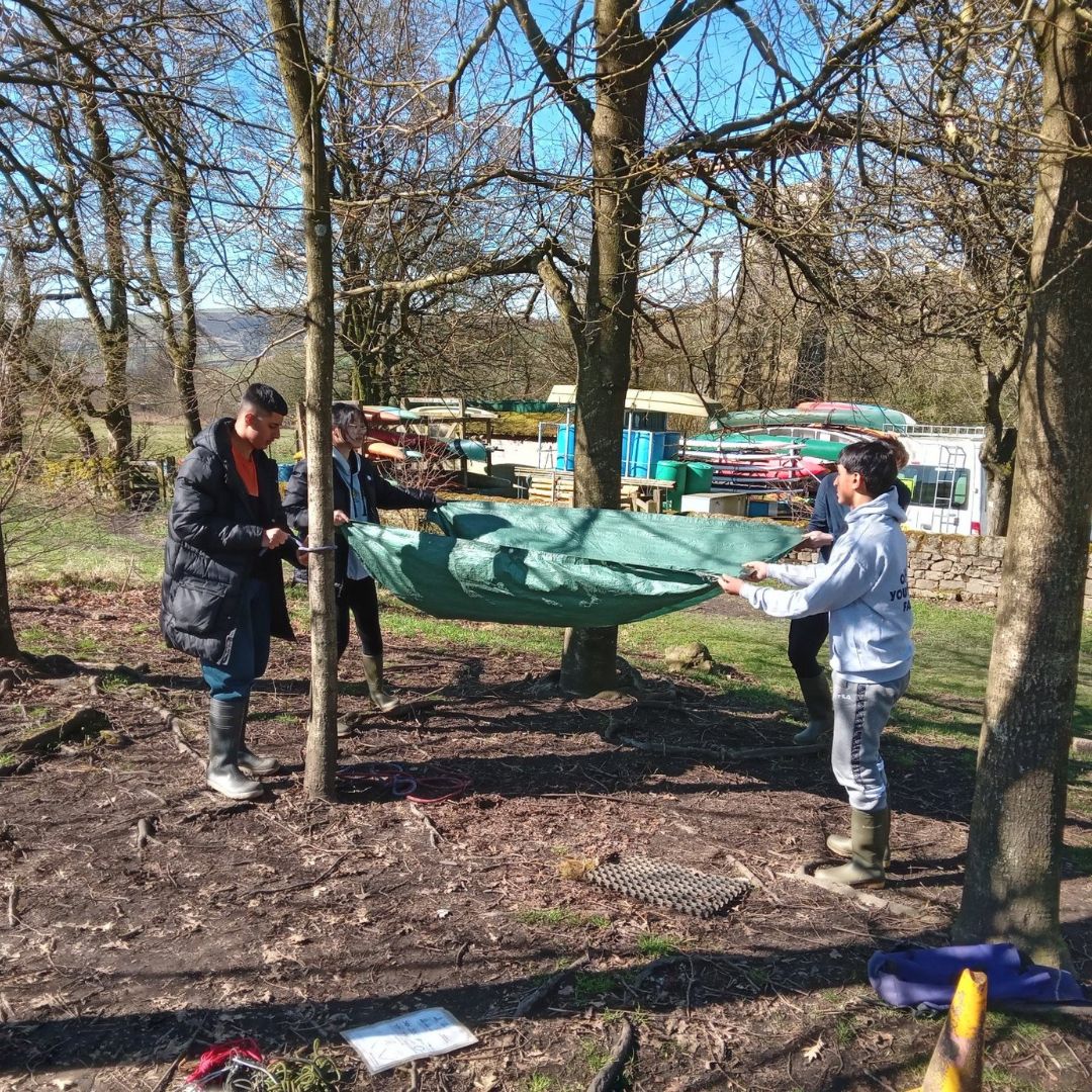 Young people building a shelter between trees in the forest
