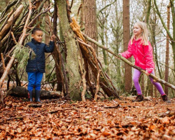 Group of children in a forest with leaves on ground building a wooden branch shelter