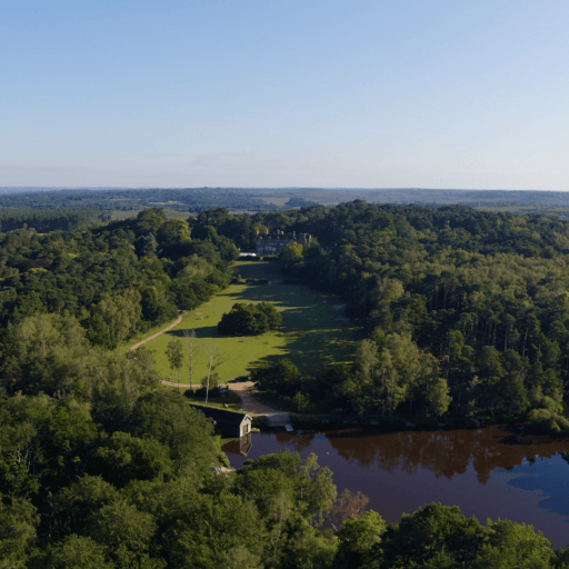 Drone shot of Avon Tyrrell Outdoor Centre in the new forest - lots of trees and lake in the foreground with manor house peeping through the trees