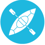 Blue vector logo with white graphic of a kayak with a paddle