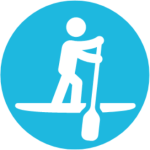 light blue vector logo with white stick person or a white paddle board
