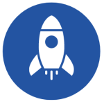 Blue background vector logo graphic with a white rocket