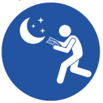 Graphic vector logo with blue background of white stick man walking with a map in the night with a moon and stars