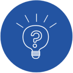 Blue vector logo graphic with a lightbulb with a question mark in the lightbulb and lines coming off lightbulb to make it look turned on