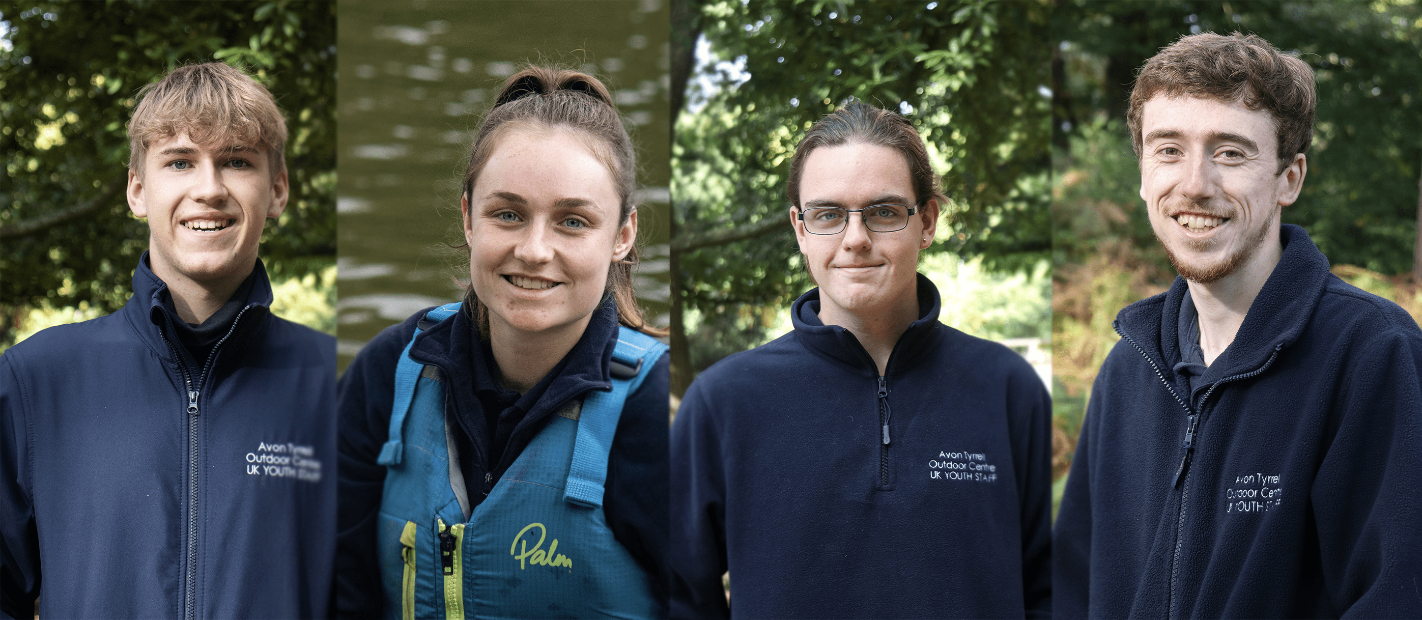 collage of instructors wearing avon tyrrell uniform smiling to camera in the forest