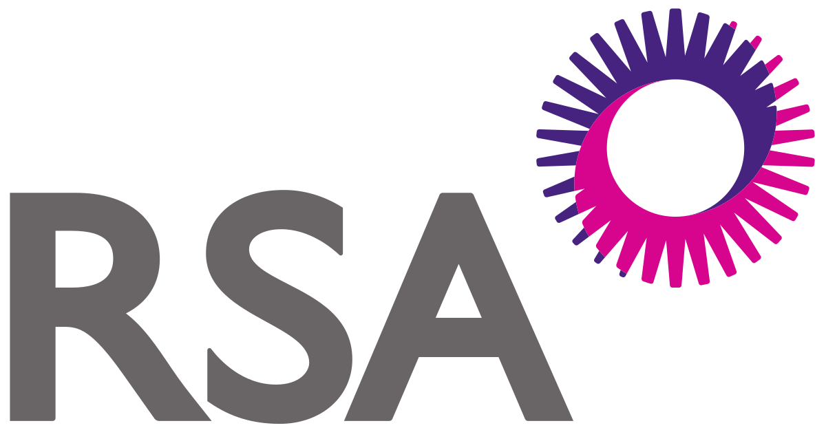 RSA insurance coloured logo. RSA are in grey and there is a spiked wheel coloured in purple and pink